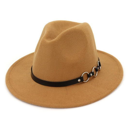Wide Brim Vintage Felt Fedora Panama Hat with Chain Belt-Hats-Innovato Design-Khaki-Innovato Design