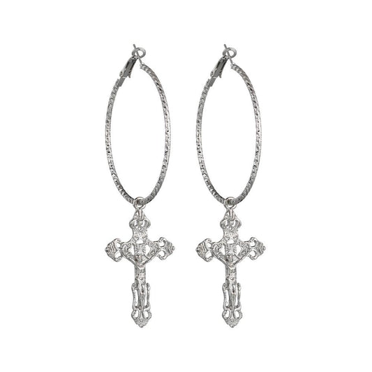 Catholic Drop Cross Hoop Earrings in Gold & Silver-Earrings-Innovato Design-Silver-Innovato Design