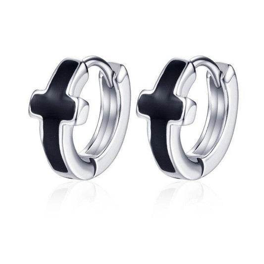Black & Silver Circle Cross Hoop Earrings-Earrings-Innovato Design-Innovato Design