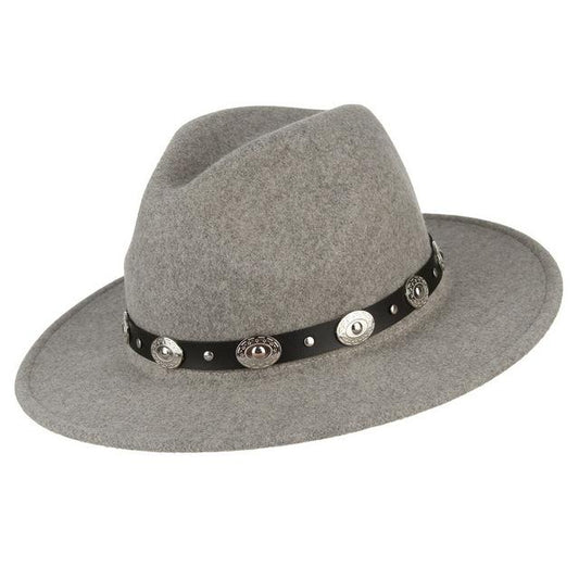 Wide Brim Wool Felt Fedora Hat with Silver Buttoned Leather Hatband-Hats-Innovato Design-Gray-Innovato Design