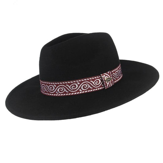 Wide Brim Wool Fedora Hat with Striped Vintage Band-Hats-Innovato Design-Navy Blue-Innovato Design