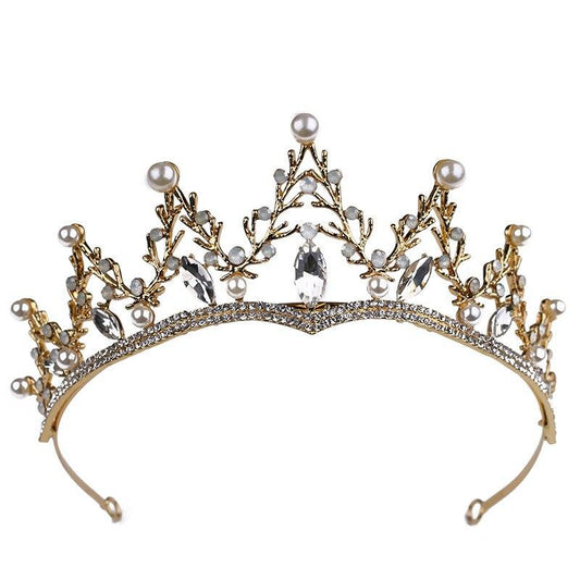 Vintage Gold Plated Pearl & Zircon Crystals Queen Crown-Crowns-Innovato Design-Innovato Design