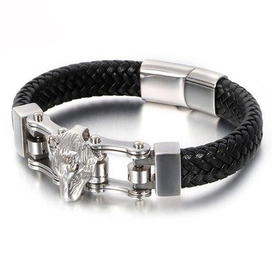 Stainless Steel Wolf Head Handmade Bangle Leather Bracelet-Bracelets-Innovato Design-Silver-Innovato Design
