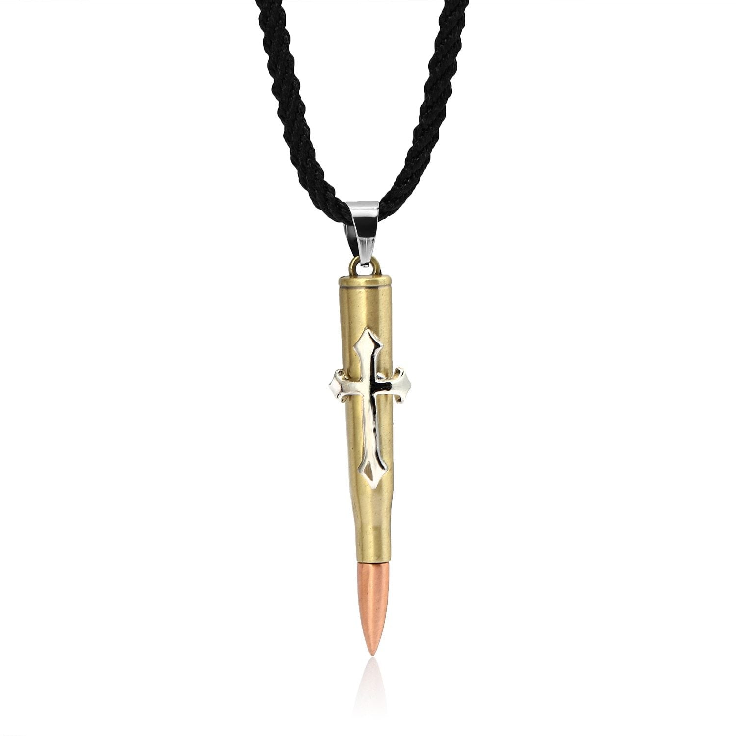 Multi-tone Silver, Gold, and Brass Rifle Bullet Pendant with Rope