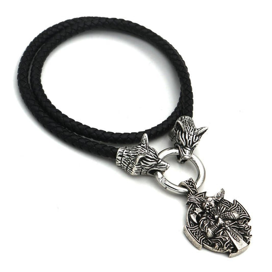 Odin Wolf Head and Cross Pendant with Leather Rope Necklace-Necklaces-Innovato Design-20-Innovato Design