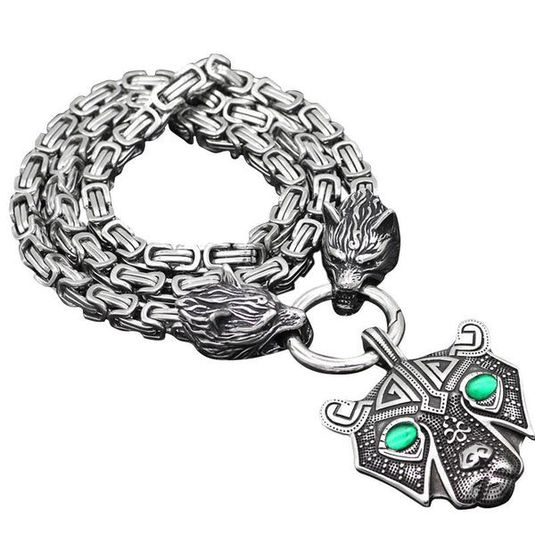 Viking Bear Head Pendant with Byzantine Wolf Chain Necklace-Necklaces-Innovato Design-Green Eyes-20-Innovato Design