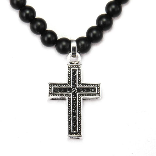 Obsidian Bead Necklace with Black Crystal Silver Cross Pendant-Necklaces-Innovato Design-18-Innovato Design