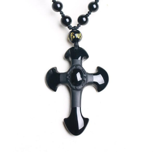 Obsidian Cross Pendant with Beaded Macrame Rope Necklace-Necklaces-Innovato Design-Innovato Design