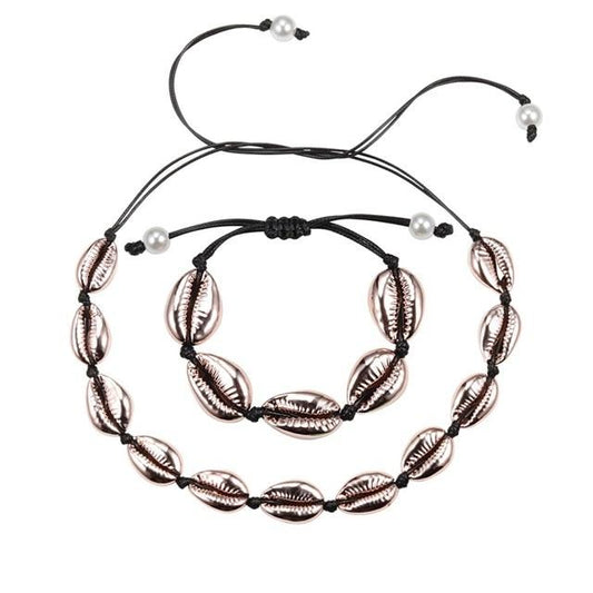 Rope Puka Shell Bracelet and Choker Set with Pearl End-Necklaces-Innovato Design-Rose Gold Black-Innovato Design