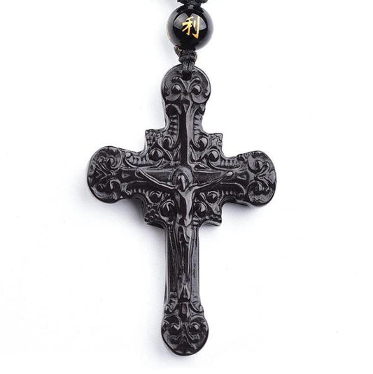 Black Obsidian Crucifix Pendant and Beaded Necklace-Necklaces-Innovato Design-Innovato Design