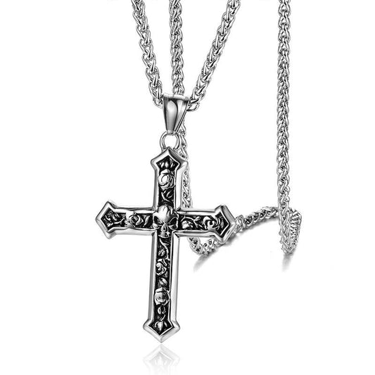 Stainless Steel Skull and Rose Cross Pendant Chain Necklace-Necklaces-Innovato Design-Innovato Design