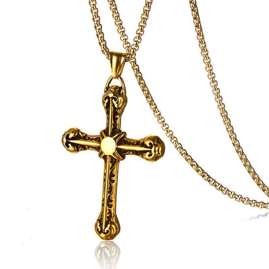 Gothic Silver or Gold Stainless Steel Cross Pendant and Chain Necklace-Necklaces-Innovato Design-Gold-Innovato Design