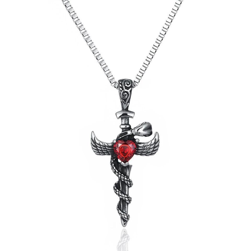 Silver Winged Sword Cross and Snake Pendant with Crystal Heart