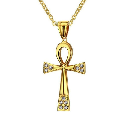 Gold-plated Stainless Steel Ankh Cross Pendant Chain Necklace-Necklaces-Innovato Design-Innovato Design