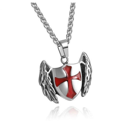 Silver Winged Shield with Red Templars Cross Emblem Pendant Necklace-Necklaces-Innovato Design-Innovato Design
