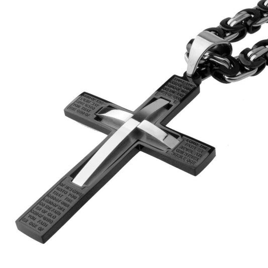 Black Cross Pendant with Silver Curved Cross Inlay and Lord's Prayer Engraving-Necklaces-Innovato Design-18-Innovato Design