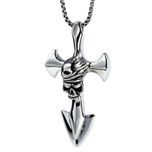 Stainless Steel Silver Pirate Skull Cross Blade Pendant Necklace-Necklaces-Innovato Design-Innovato Design