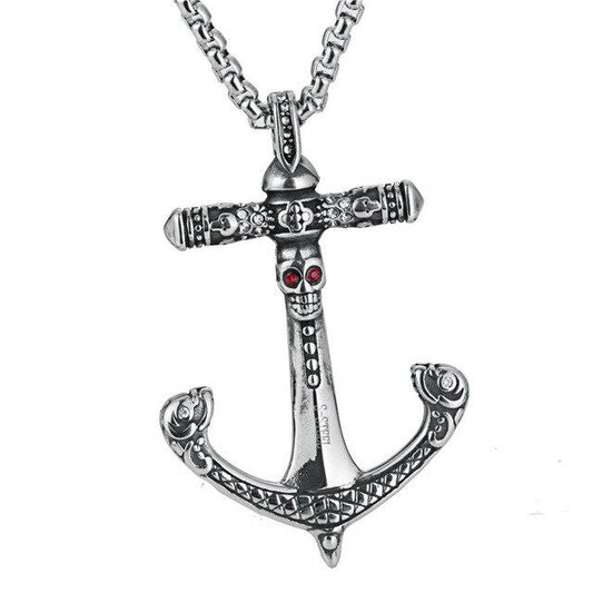 Silver Crystal Red-Eyed Skull Anchor Pendant Necklace-Necklaces-Innovato Design-Innovato Design