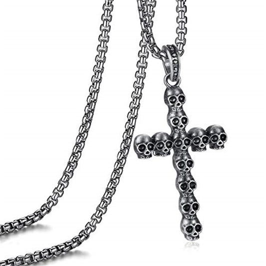 Dark Silver Cross of Skulls Pendant and Chain Necklace-Necklaces-Innovato Design-Innovato Design