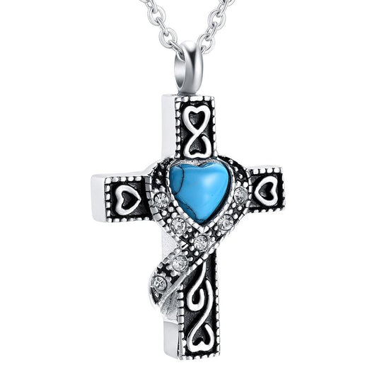 Silver Blue Heart Crystal Cross Pendant with Chain Necklace-Necklaces-Innovato Design-Innovato Design