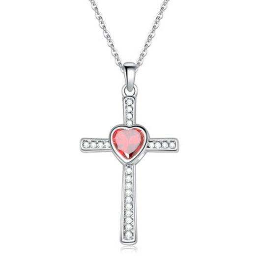 Bejeweled Crystal Titanium Steel Heart Cross Pendant Necklace-Necklaces-Innovato Design-Red-Innovato Design