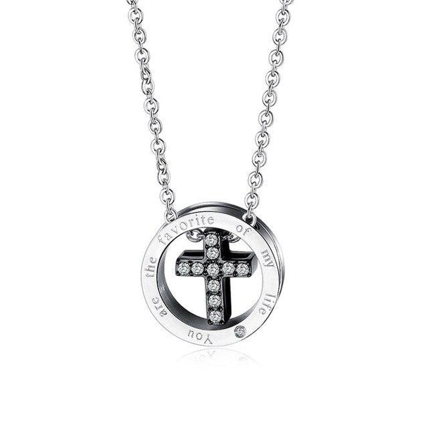 Silver Couple Cross Pendant with Crystals Engraved Message 