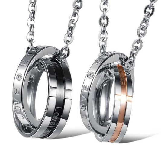 Two-tone Double Lock Couple Ring Pendant Chain Necklace-Necklaces-Innovato Design-Rose Gold-Innovato Design