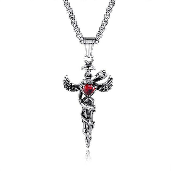 Steel Winged Crystal Heart Cross with Snake Accent Pendant Necklace-Necklaces-Innovato Design-Red-Innovato Design