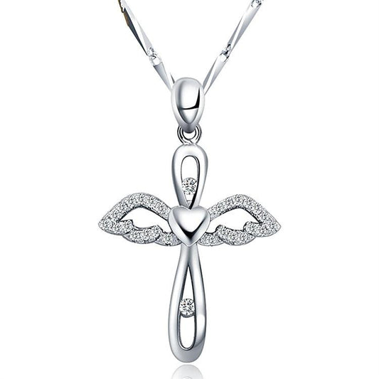 Silver Winged Angel Cross Pendant with Crystals Necklace-Necklaces-Innovato Design-Innovato Design