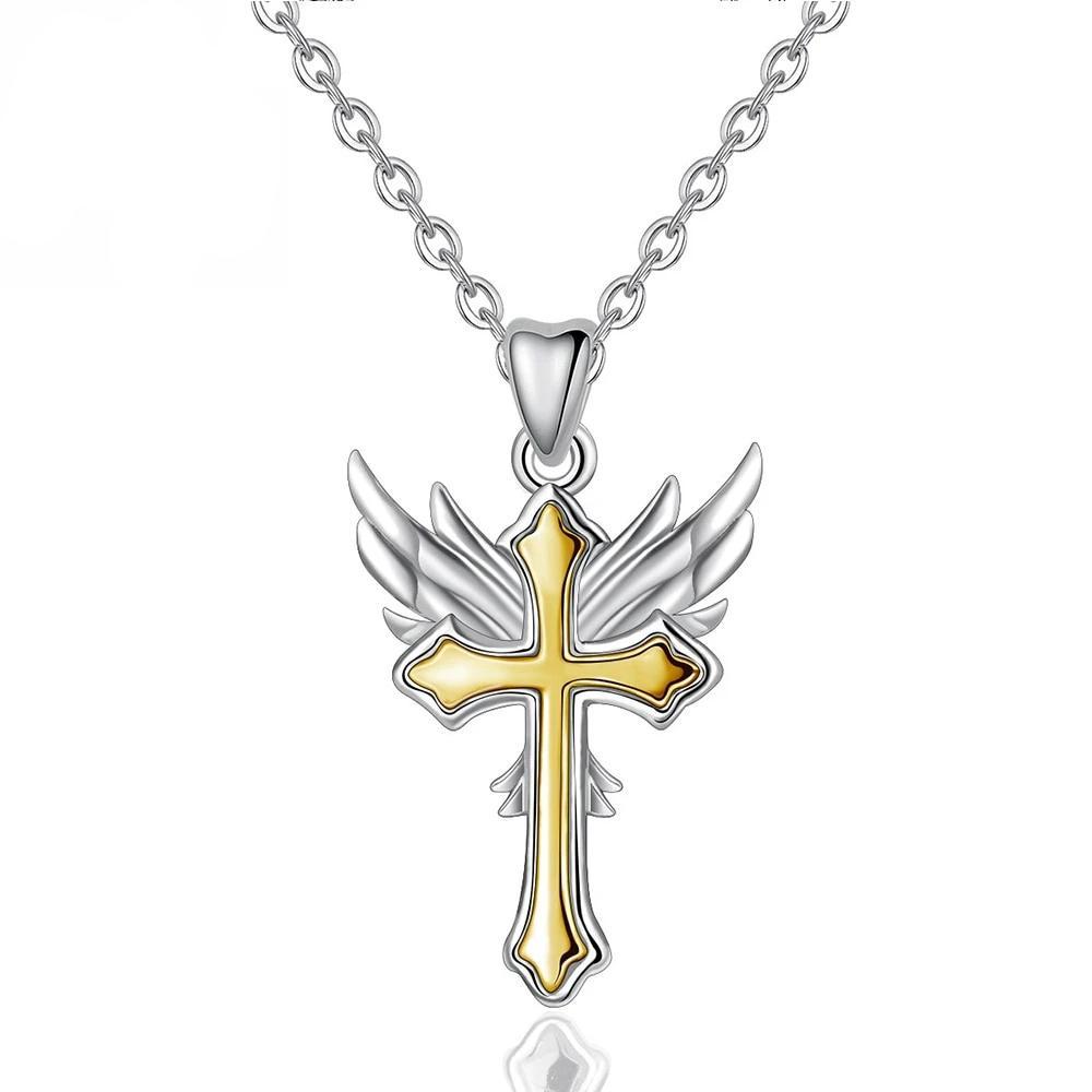 Two-Tone Silver and Gold Angel Wing Cross Pendant Necklace