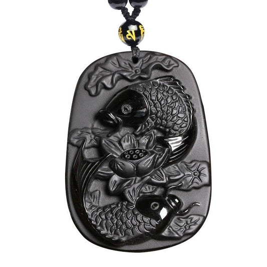 Black Obsidian Koi Fish and Lotus Pendant Necklace-Necklaces-Innovato Design-Innovato Design