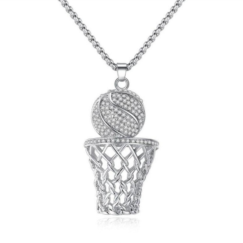 Sterling Silver Crystal Basketball Hoop Pendant Necklace