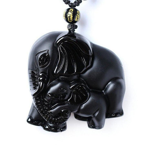 Black Obsidian Elephant Pendant with Beaded Rope Necklace-Necklaces-Innovato Design-Innovato Design