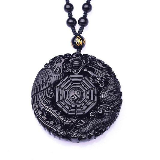 Black Obsidian Phoenix and Dragon Yin Yang Pendant Necklace-Necklaces-Innovato Design-Innovato Design
