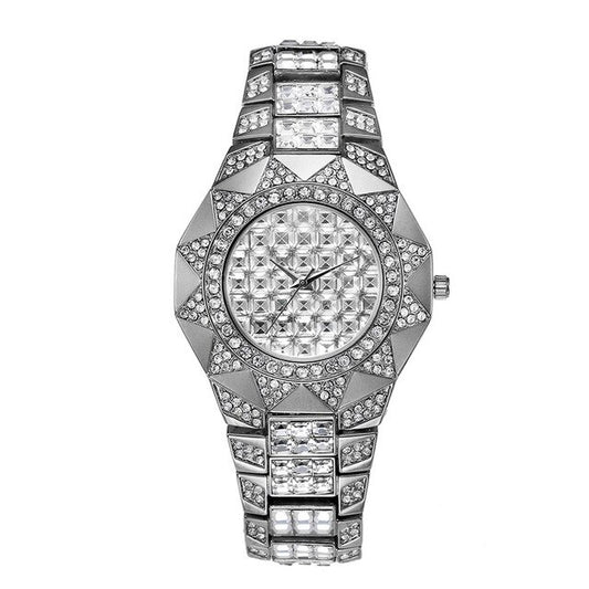 Waterproof Sunflower Cubic-Zirconia-Studded Stainless Steel Band Fashion Hip-hop Quartz Watch-Watches-Innovato Design-Silver-Innovato Design