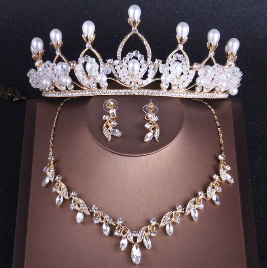 Queen Rhinestone and Pearl Tiara, Necklace & Earrings Wedding Jewelry Set-Jewelry Sets-Innovato Design-Innovato Design