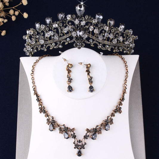 Baroque Vintage Bronze & Gold, Crystal, Beads and Rhinestone Tiara, Necklace & Earrings Wedding Jewelry Set-Jewelry Sets-Innovato Design-Innovato Design