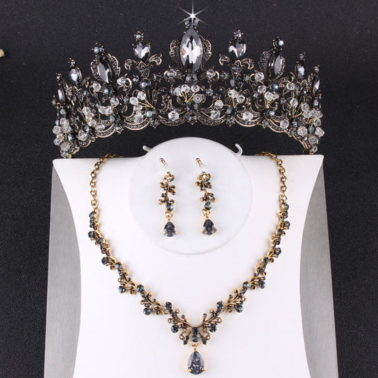Baroque Vintage Black Crystal Tiara, Necklace & Earrings Wedding Jewelry Set-Jewelry Sets-Innovato Design-Innovato Design