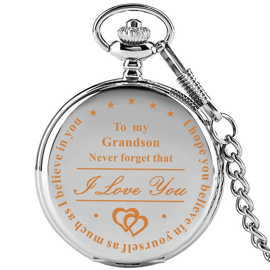 "To My Grandson I Love You" Golden Case White Dial Quartz Necklace Chain Pendant Pocket Watch-Pocket Watch-Innovato Design-Silver-Innovato Design
