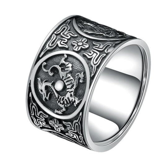Chinese Four Creatures Dragon, Tiger, Bird and Turtle 999 Genuine Silver Vintage Biker Ring-Gothic Rings-Innovato Design-7-Innovato Design