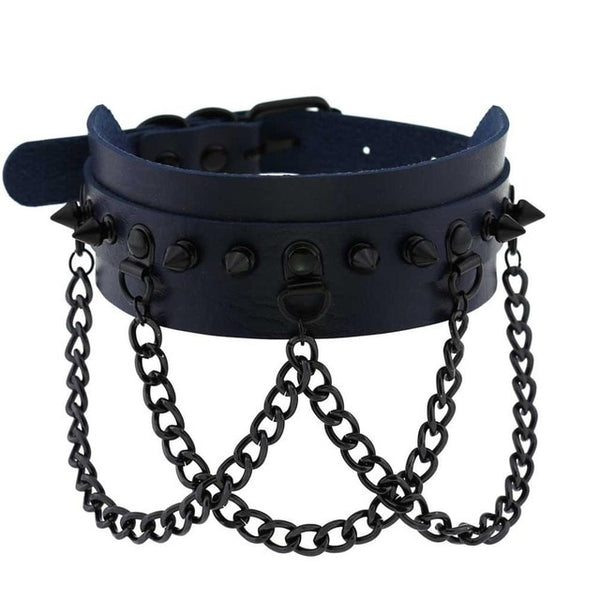 Black Spike Stud and Chain Link Collar Choker Leather Gothic Steampunk Necklace-Necklace-Innovato Design-Dark Blue-Innovato Design