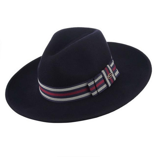 Wide Brim Wool Felt Fedora Hat with Red & Silver Belt Lines-Hats-Innovato Design-Navy-Innovato Design