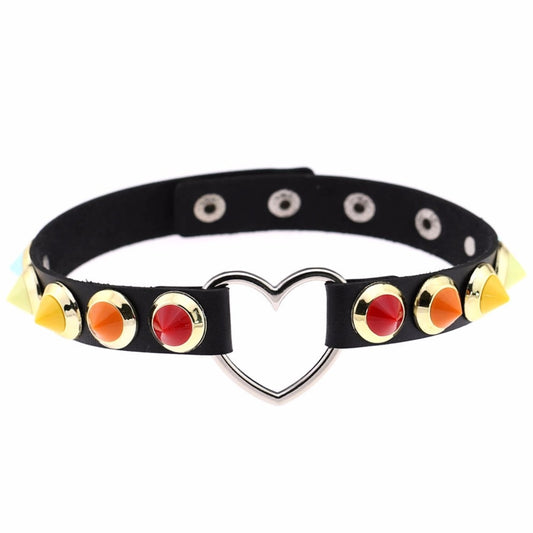 Chic Multicolor Spike Stud and Heart Pendant Choker Collar Leather Gothic Punk Rock Necklace-Necklace-Innovato Design-Black-Innovato Design