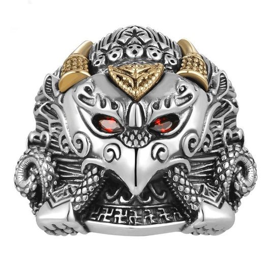 Buddha Garuda Mythical Bird Red Cubic Zirconia Eyes 925 Sterling Silver Adjustable Biker Ring-Rings-Innovato Design-Innovato Design