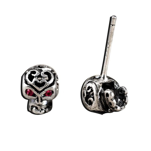 Skull with Cubic Zirconia Pink Eyes 925 Sterling Silver Vintage Hip-hop Punk Stud Earrings-Earrings-Innovato Design-Innovato Design