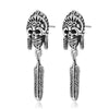 Indian Skull and Feather 925 Sterling Silver Vintage Punk Fashion Long Stud Earrings-Earrings-Innovato Design-Innovato Design
