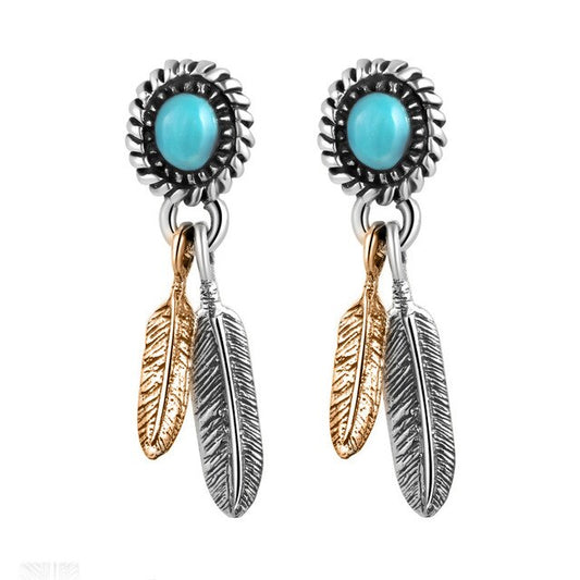 Turquoise Stone Gold Feather 925 Sterling Silver Vintage Fashion Long Stud Earrings-Earrings-Innovato Design-Gold-Innovato Design
