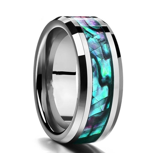 8mm Abalone Shell Inlay Beveled Stainless Steel Wedding Ring-Rings-Innovato Design-11-Innovato Design