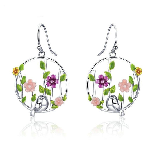Blooming Forest with a Bird 925 Sterling Silver Drop Earrings-Earrings-Innovato Design-Innovato Design