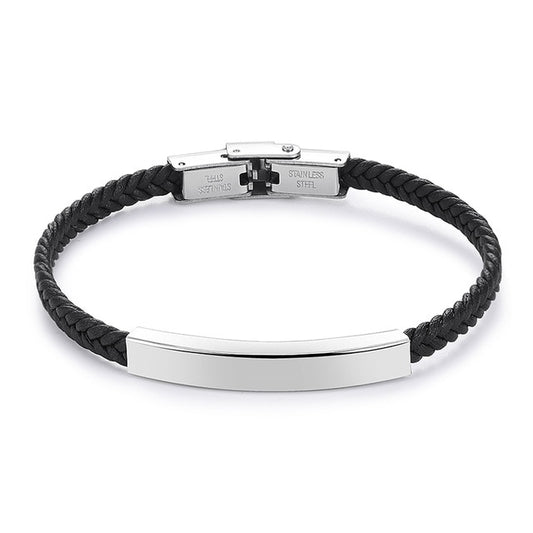 Engravable Leather and Stainless Steel Fashion Bracelet-Bracelets-Innovato Design-Black-Innovato Design